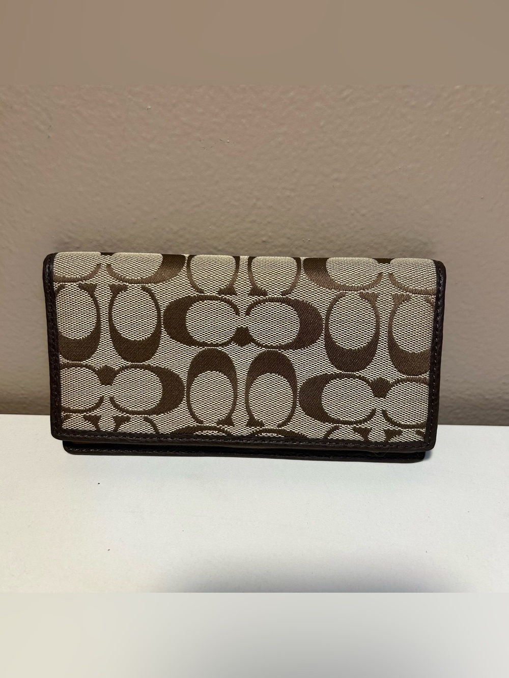 Coach Signature CC Khaki Brown Checkbook Cover Wallet Pen Holder